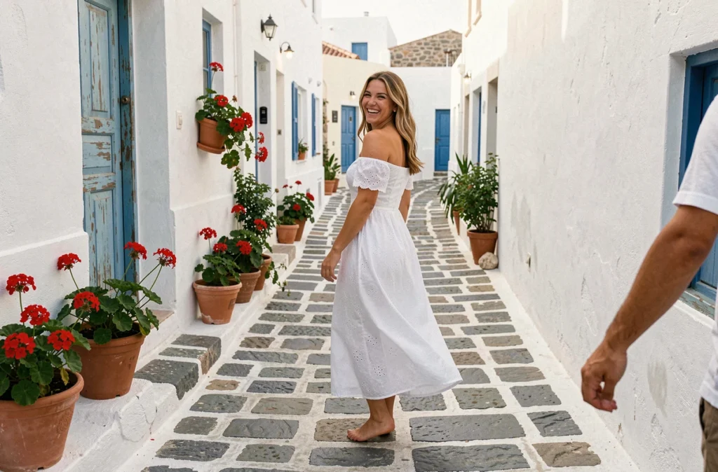 Jeune mariée riant dans une ruelle pavée de Mykonos aux maisons blanchies à la chaux et aux portes bleues