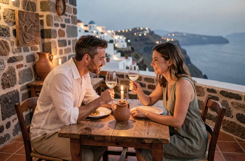 Jeunes mariés dînant en tête-à-tête dans une taverne de falaise à Oia avec vue panoramique sur la caldeira au crépuscule