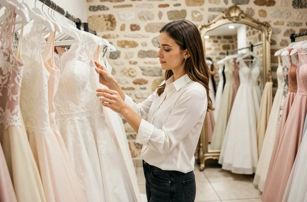 Jeune femme parcourant un portant de robes de mariée dans une boutique indépendante à Montpellier en cherchant la robe idéale rapidement