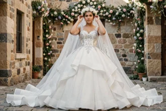 Mariée gitane en robe de mariée volumineuse blanche avec couronne de roses et voile cathédrale dans une cour en pavés décorée de guirlandes florales