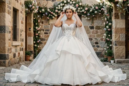 Mariée gitane en robe de mariée volumineuse blanche avec couronne de roses et voile cathédrale dans une cour en pavés décorée de guirlandes florales