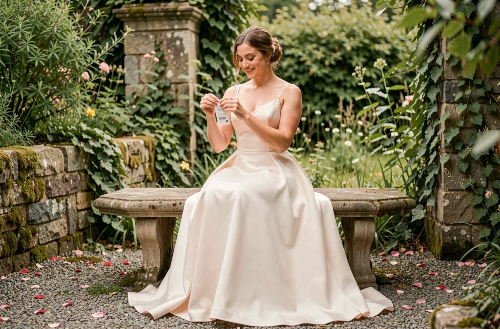 Petite mariée en robe empire blanche à petit budget assise dans un jardin fleuri en plein air