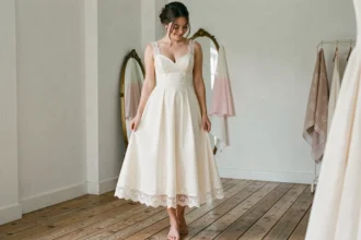 Mariée menue en robe de mariée ivoire en dentelle à petit budget dans une boutique de mariage rustique