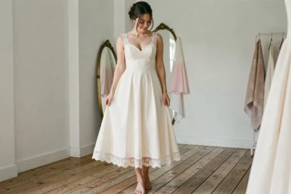 Mariée menue en robe de mariée ivoire en dentelle à petit budget dans une boutique de mariage rustique