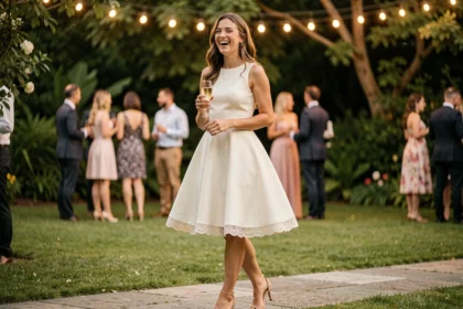 Femme portant une robe trapèze ivoire lors d'un cocktail de mariage en extérieur