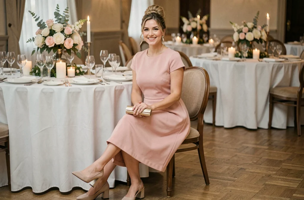 Femme en robe trapèze rose blush assise à la table de réception d'un mariage en intérieur