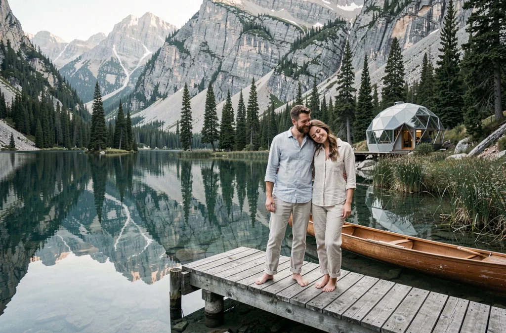 Couple en lune de miel sur un ponton au bord d'un lac de montagne avec un hébergement insolite en dôme géodésique