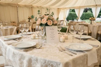 Table de mariage élégamment dressée avec menu calligraphié, vaisselle en porcelaine et verres en cristal sous une tente ivoire