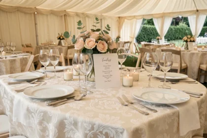 Table de mariage élégamment dressée avec menu calligraphié, vaisselle en porcelaine et verres en cristal sous une tente ivoire