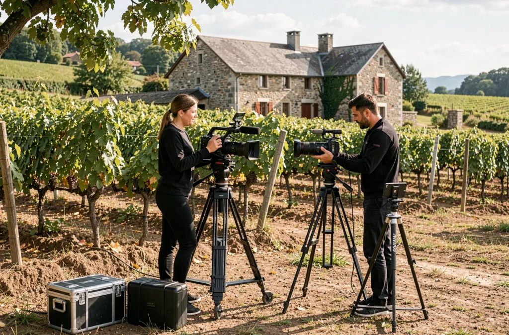Équipe de production Akha Production installant du matériel cinéma dans un vignoble pyrénéen lors d'un mariage