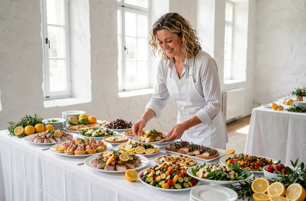 Aux Plaisirs du Zest Traiteur : buffet de mariage aux saveurs citronnées et colorées dans une salle de réception bretonne moderne