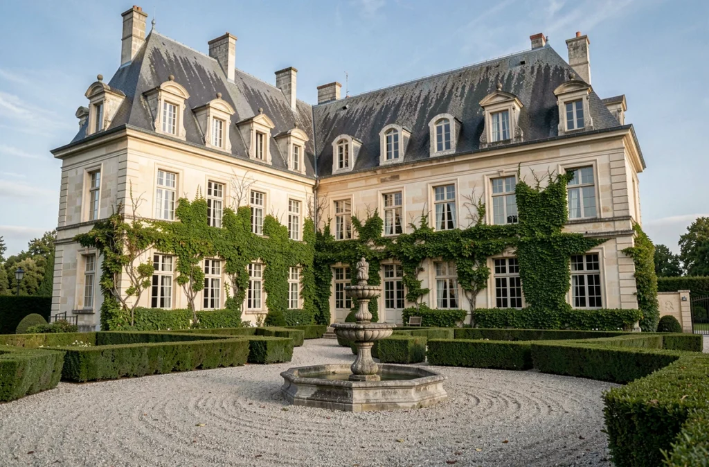 Façade du Château d'Avelin, domaine historique en pierre avec cour et jardin à la française