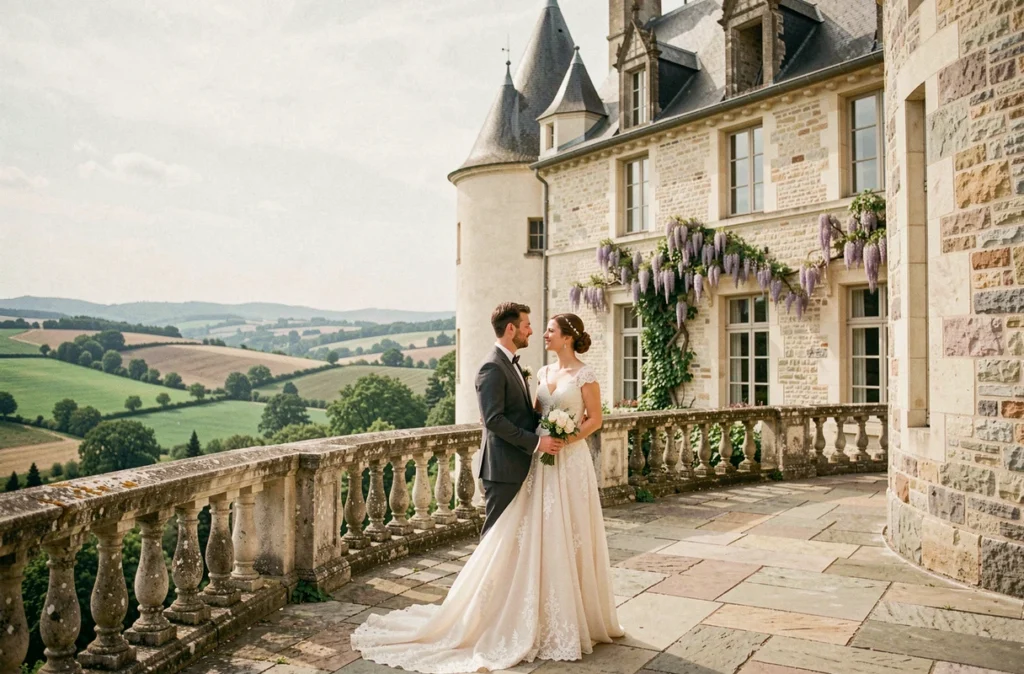 Mariés sur la terrasse en pierre du Château de Bois Rigaud avec vue sur la campagne du Puy-de-Dôme