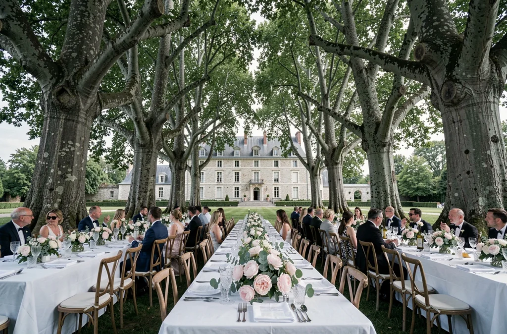 Réception de mariage en plein air sous les arbres centenaires du parc du Château de Chapeau Cornu en Isère