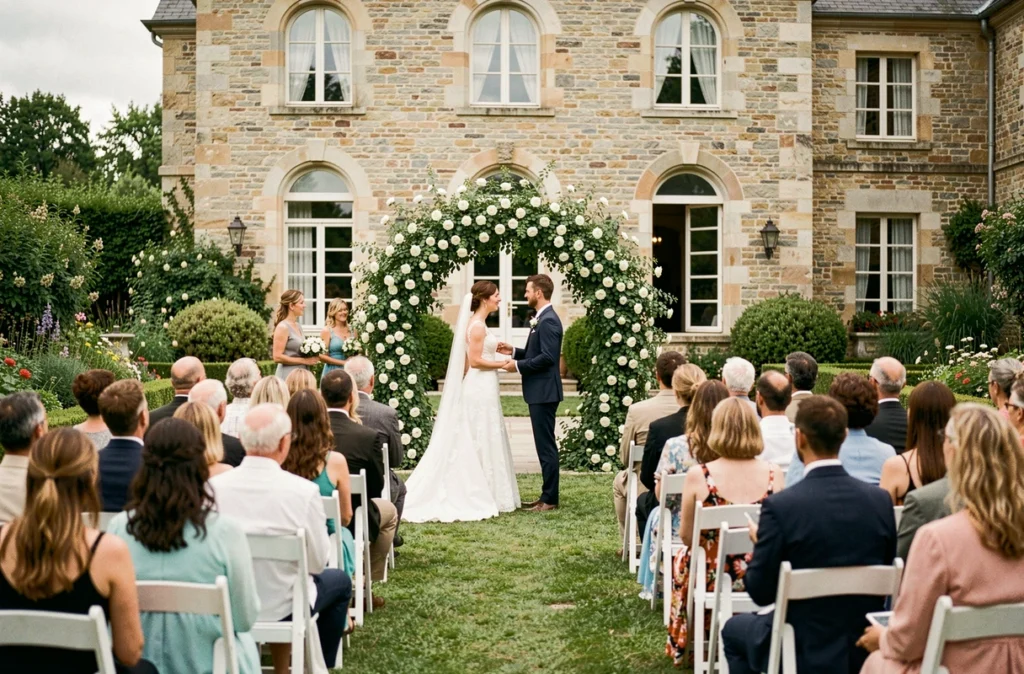 Cérémonie de mariage sous une arche fleurie devant la façade en pierre du Château de Chignat dans le Puy-de-Dôme