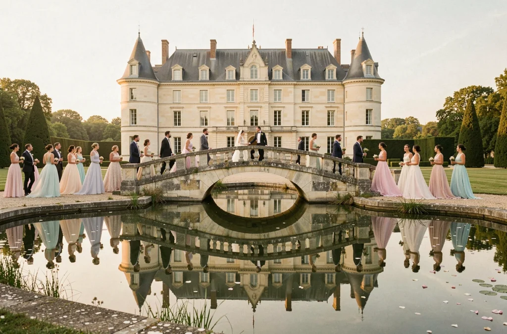 Invités traversant le pont en pierre du Château du Bourg dans la Loire avec reflet du château dans le bassin ornemental