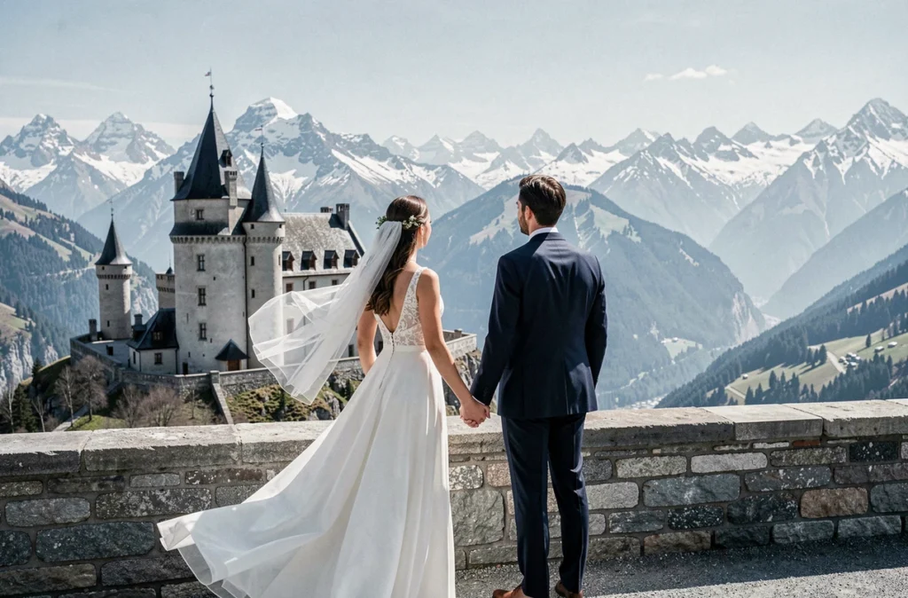 Mariés au Château de Fortis en Savoie avec panorama sur les sommets enneigés des Alpes en arrière-plan