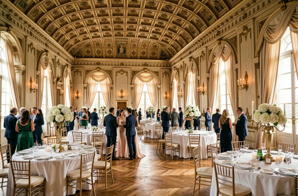 Grande salle de réception du Château La Canière en Auvergne avec décoration de mariage élaborée et hauts plafonds dorés