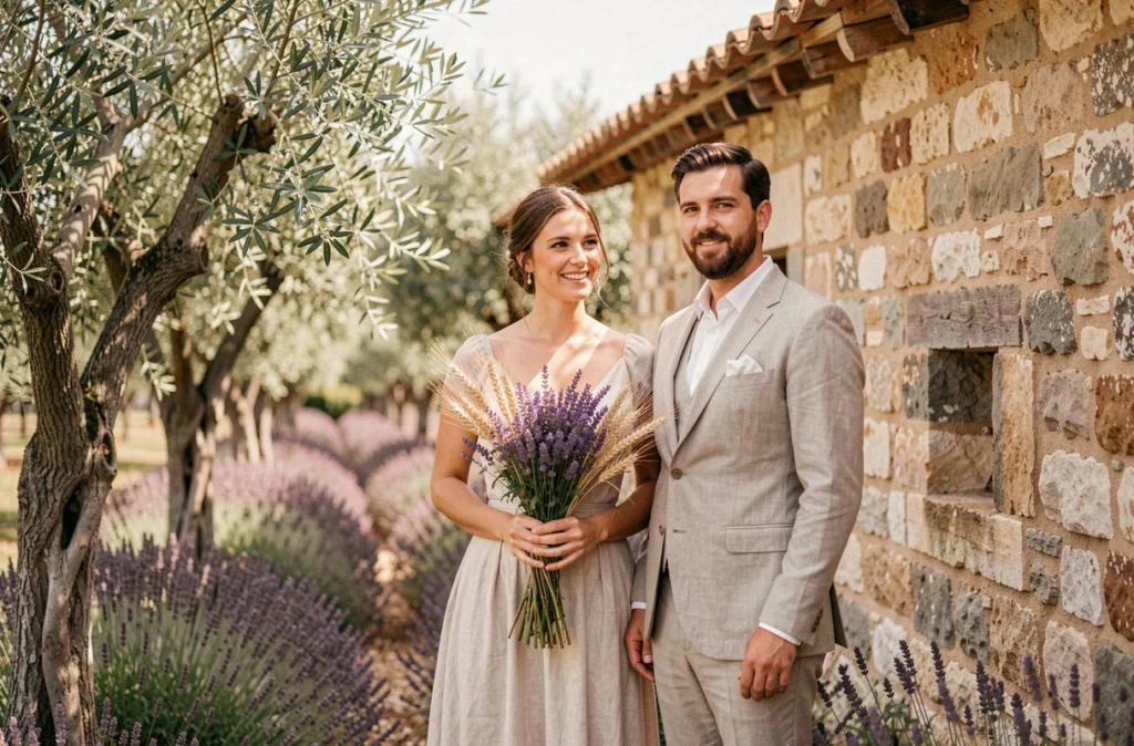 Mariés devant le Château les Oliviers de Salettes entouré d'oliviers et de lavande dans la Drôme provençale