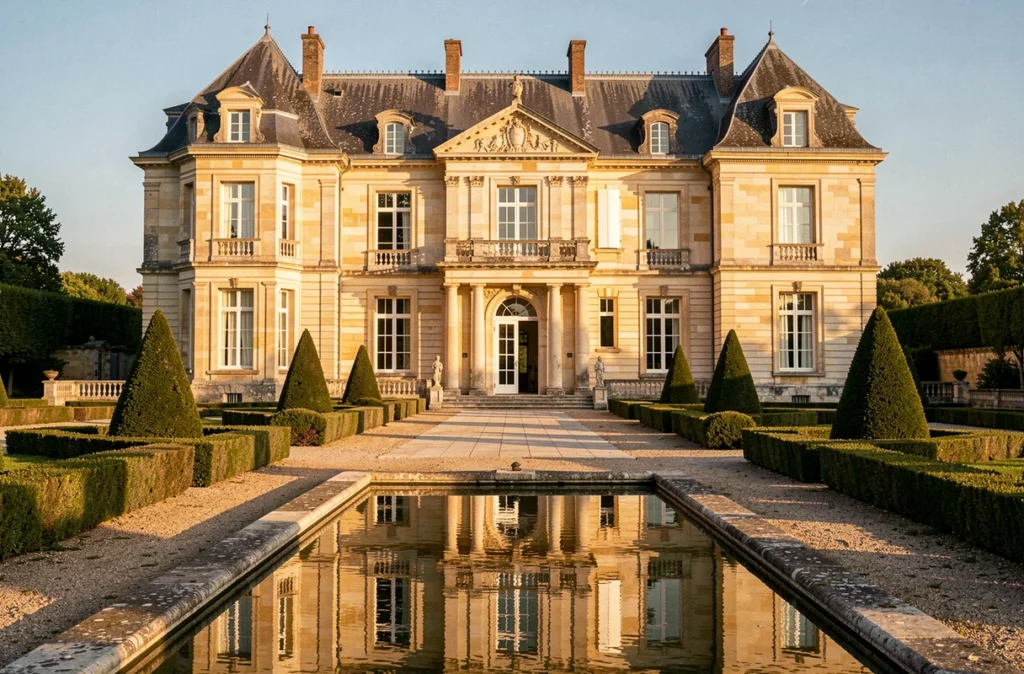 Château de Prémesques avec jardin à la française, bassin réfléchissant et architecture classique