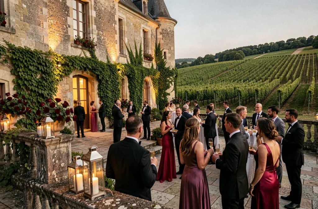Cocktail de mariage sur la terrasse du Château Saint Trys avec vignobles du Beaujolais en arrière-plan près de Lyon