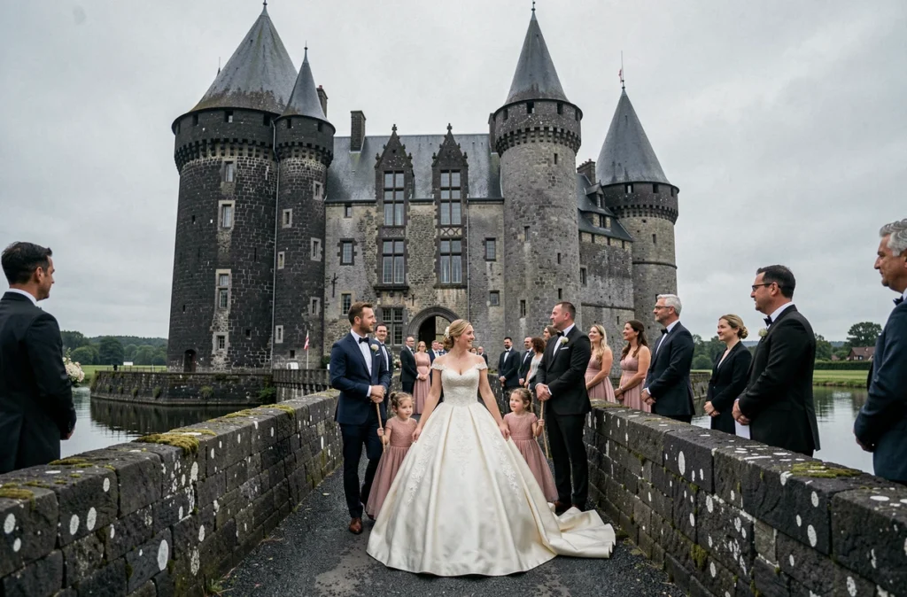 Procession nuptiale sur le pont du Château de Sédaiges avec ses tours médiévales en pierre volcanique dans le Cantal