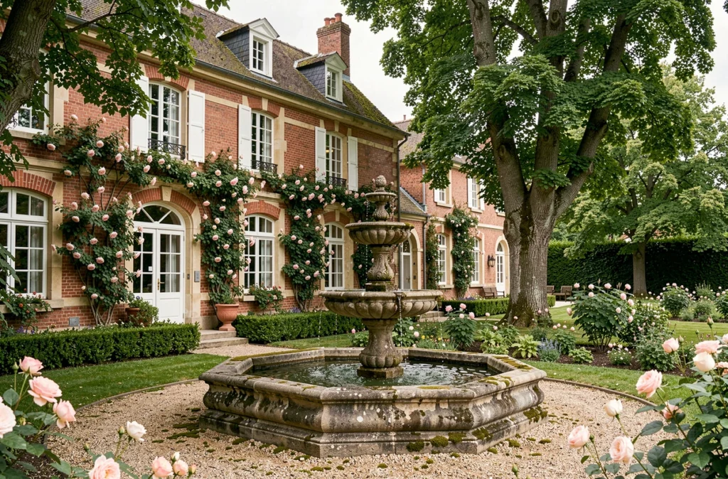 Extérieur du Clos de la Source, domaine de mariage avec jardin verdoyant et fontaine en pierre