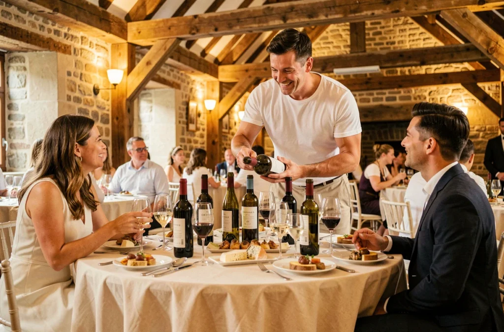 Co Vins : accord mets-vins pour un mariage breton, sommelier présentant une bouteille de vin régional à des convives