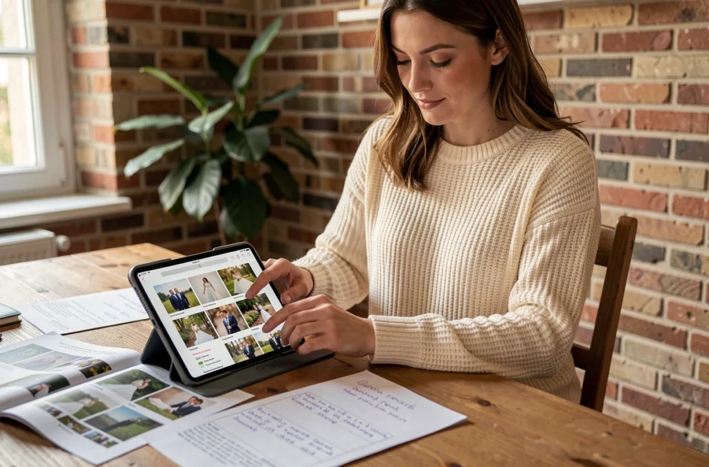 Femme comparant des offres de photographes de mariage sur une tablette depuis son bureau à domicile