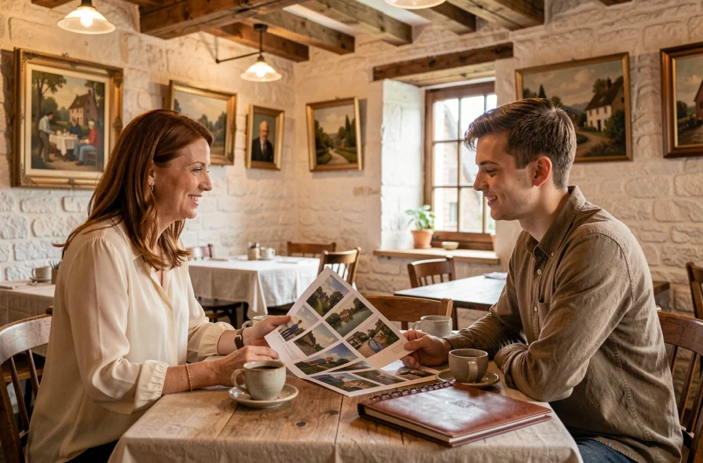 Consultation avec une photographe à Honfleur dans un café normand, révision du portfolio photo avec un couple