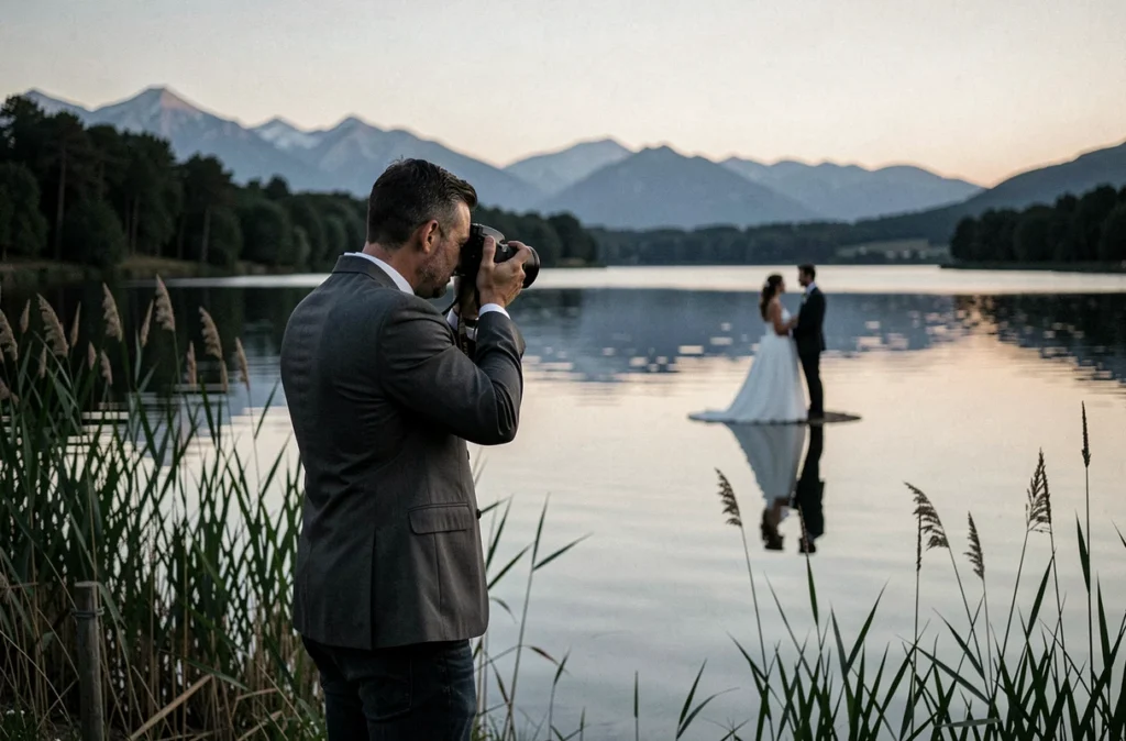 Photographe de Contraste capturant des mariés en silhouette au bord d'un lac pyrénéen au crépuscule