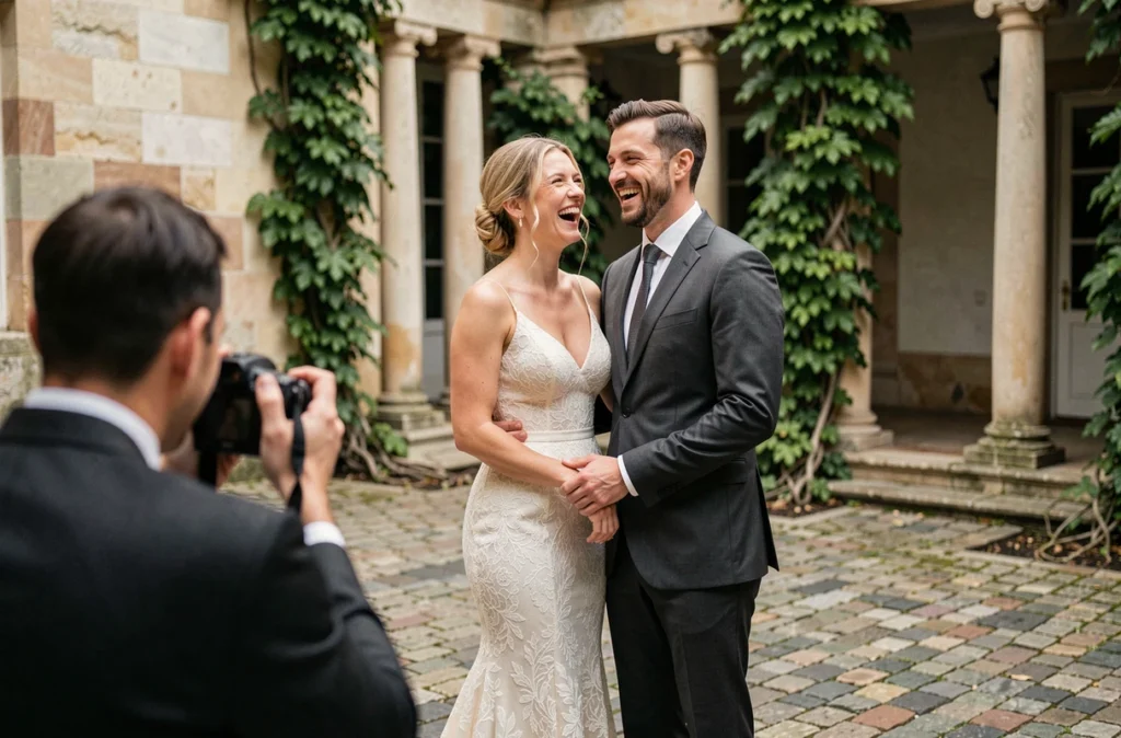Couple de mariés posant dans une cour intérieure classique au Mans avec photographe visible en arrière-plan