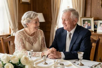 Couple de personnes âgées célébrant 70 ans de mariage autour d'une table décorée de roses blanches et de guirlandes de perles, symboles des noces de platine