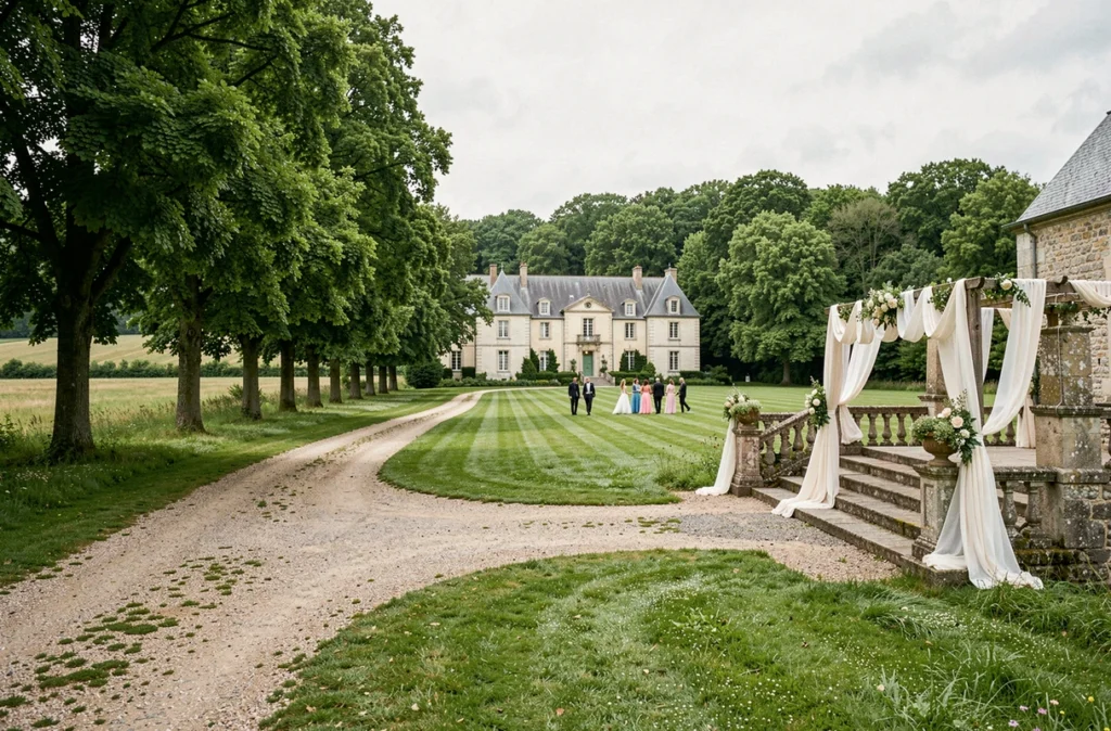 Domaine du Funquerel avec allée arborée, manoir en pierre et invités de mariage sur la pelouse