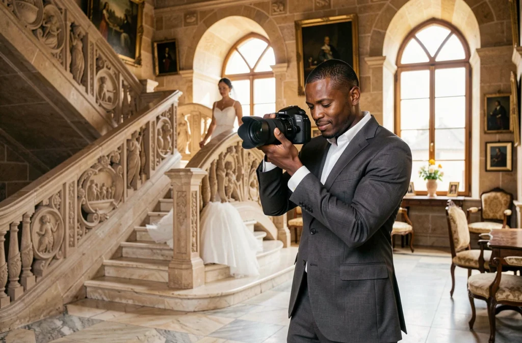 Elson Dmitri photographiant une mariée dans un château pyrénéen au décor historique élaboré