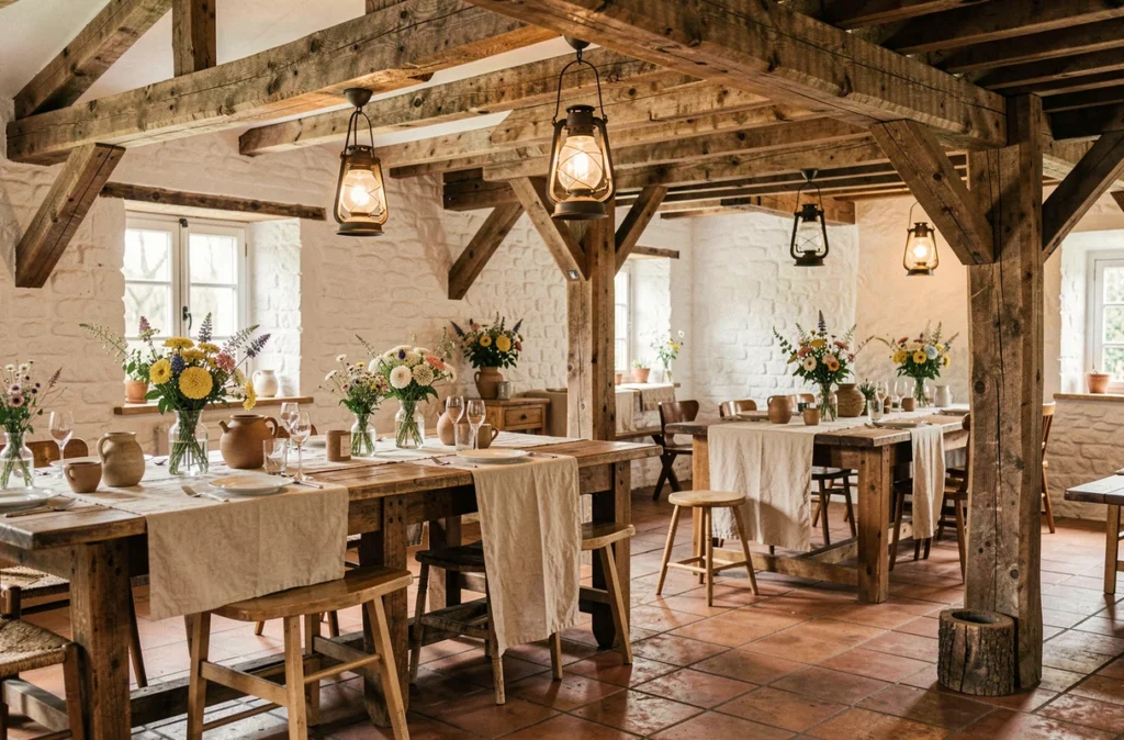 Intérieur de La Ferme de l'Épinette avec poutres apparentes et décoration champêtre pour mariage