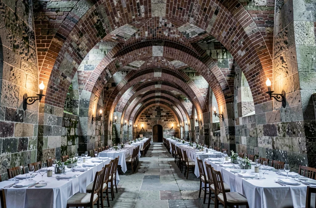 Intérieur du Fort de Mons avec voûtes en pierres et tables de banquet dressées pour un mariage historique