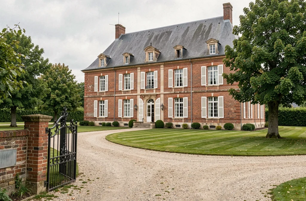 La Gentilhommière, manoir bourgeois en brique rouge avec pelouse et allée gravillon pour réception de mariage