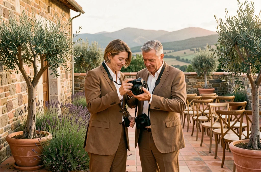 Duo de photographes Glorieux Photographies dans un domaine rural basque consultant leurs images après une prise de vue