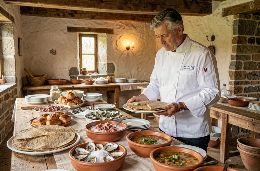 Kéginan Traiteur : buffet de mariage breton traditionnel avec galettes, huîtres et spécialités locales dans une ferme en pierre du Morbihan
