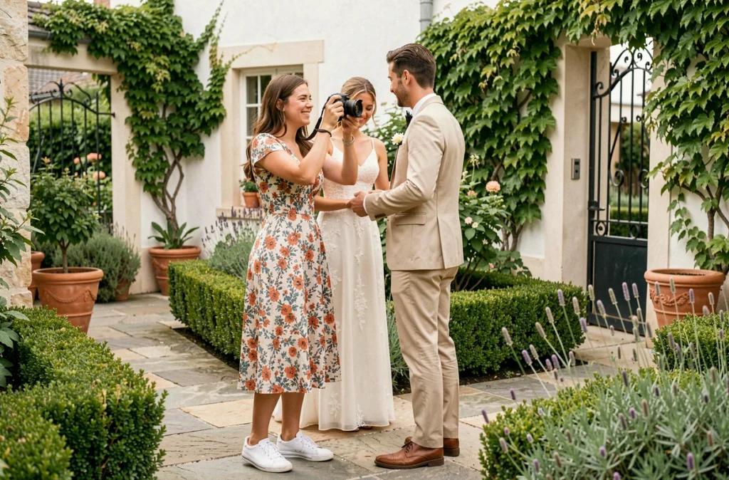 La P'Tite Photographe, jeune photographe de mariage souriante dans un jardin côtier de Biarritz