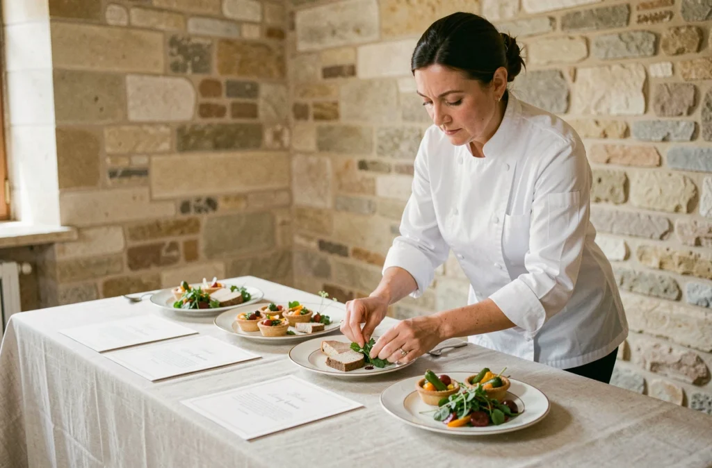 La Table de Nicole : cheffe traiteur arrangeant avec soin des plats raffinés pour un mariage dans une salle en pierre bretonne
