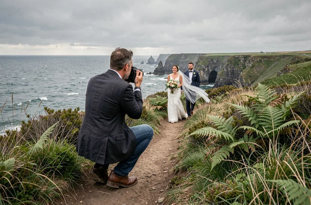 Laurent Pascal photographe de mariage en action sur les falaises du littoral basque avec un couple de mariés