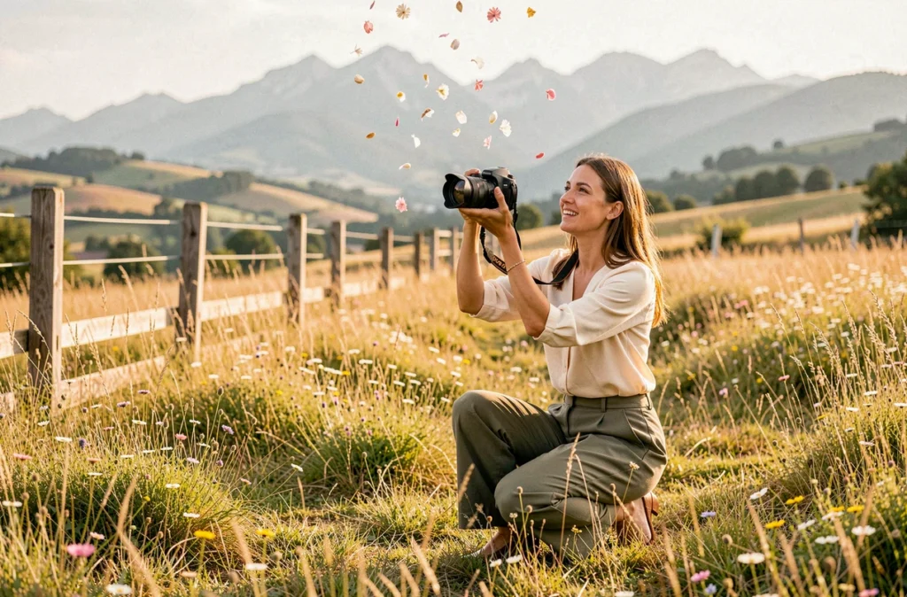 Léa Tardat, photographe de mariage, en pleine séance dans une prairie fleurie des Pyrénées-Atlantiques