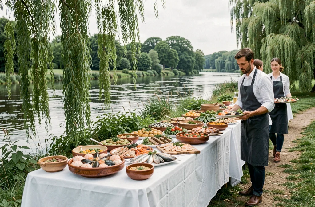 Les Rives Gourmandes : buffet de mariage dressé au bord d'une rivière bretonne avec plateaux de fruits de mer et légumes locaux