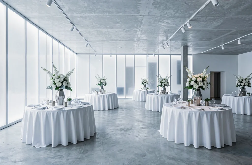 Salle Luminaria avec décoration contemporaine, panneaux translucides et tables dressées en blanc et métal