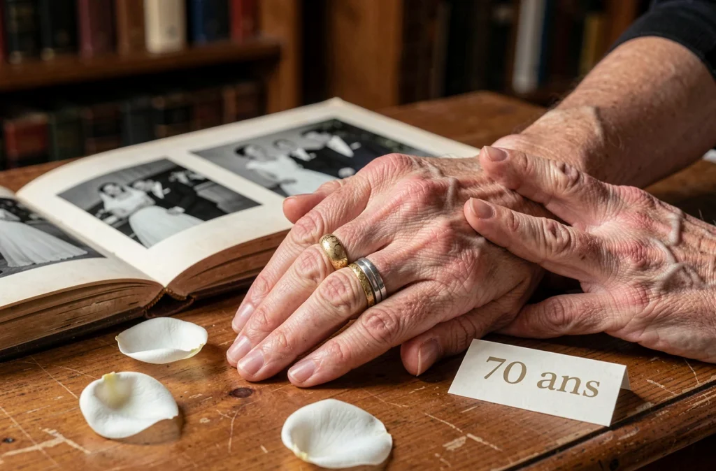 Gros plan de deux mains de personnes âgées enlacées portant des alliances en or et platine, entourées de pétales de roses blanches et d'un album photo de mariage ancien symbolisant 70 ans d'union