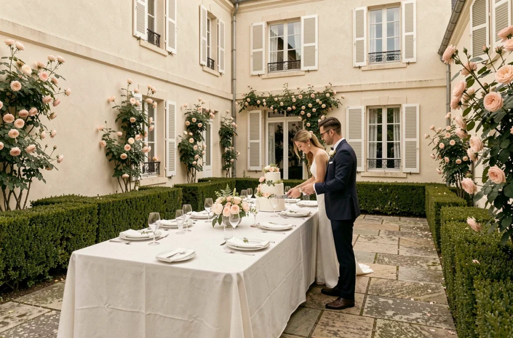 Réception de mariage sur la terrasse du Manoir de la Garde dans le Beaujolais avec longue table dressée et façade du manoir