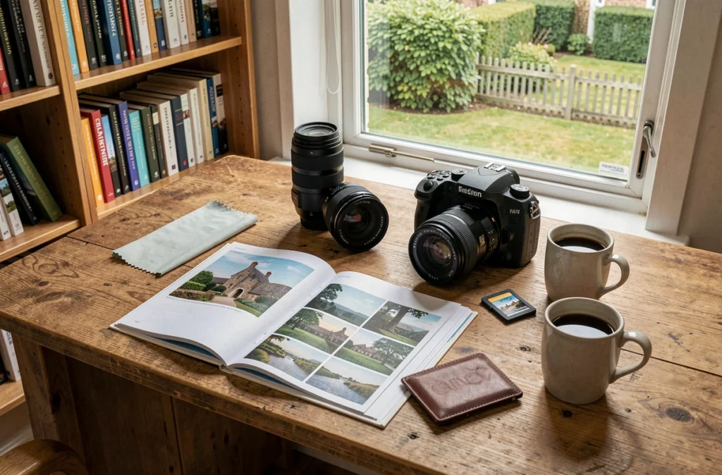 Matériel photographique professionnel posé sur un bureau avec vue sur un jardin de banlieue parisienne