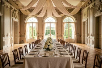 Salle de réception de mariage élégante dans le Nord de la France avec tables dressées et décoration florale raffinée